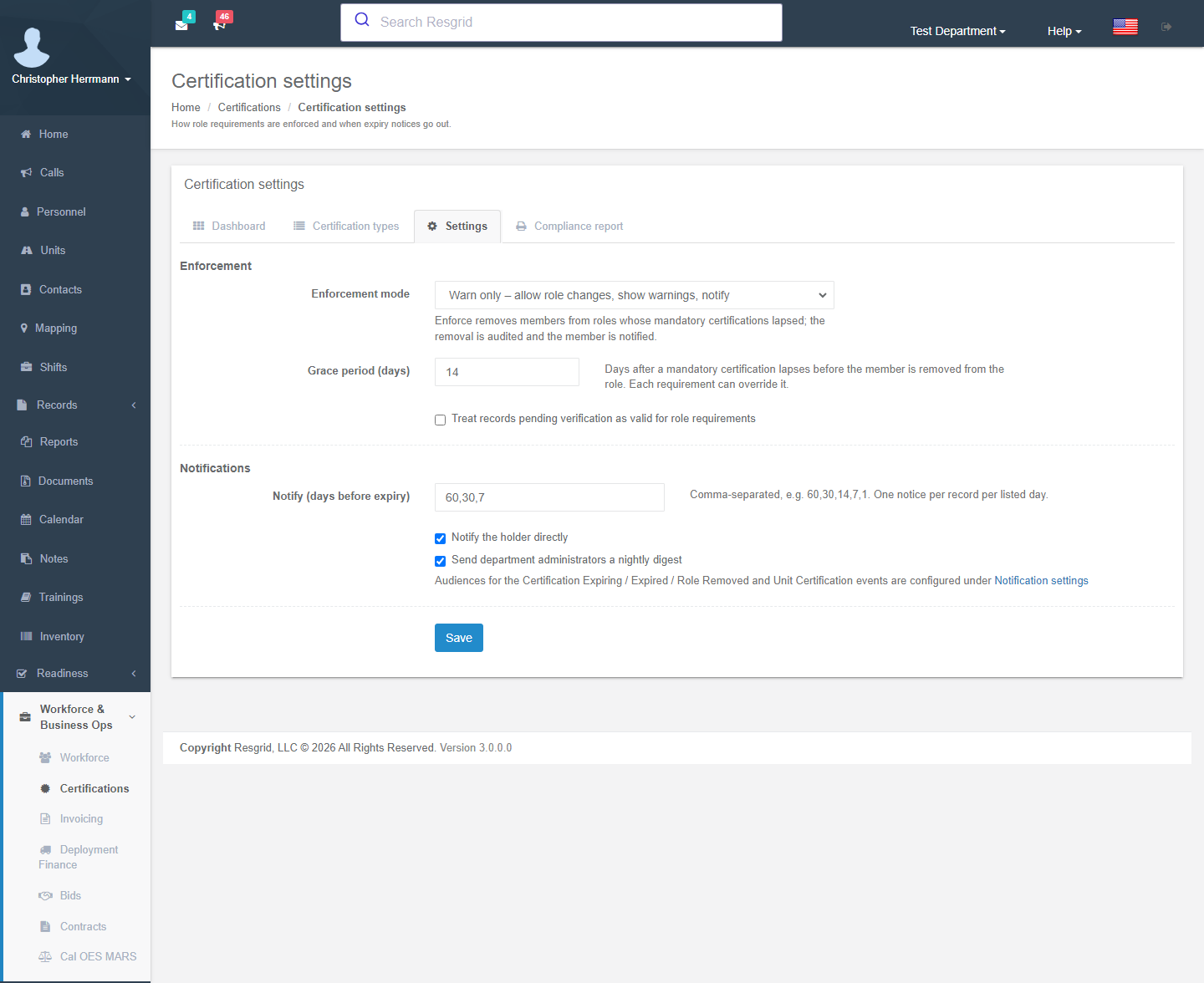 Certification settings